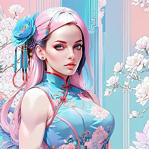 Anime Woman with Blue Eyes and Pink Hair in Floral Dress