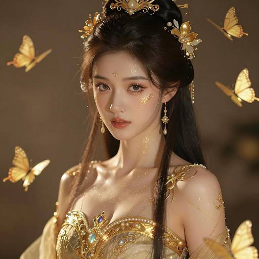 Elegant Fantasy Woman in Golden Costume with Butterflies
