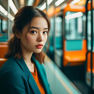 Thoughtful woman in colorful transit vehicle