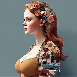 Artistic Digital Portrait of Woman with Floral and Vintage Cityscape Elements