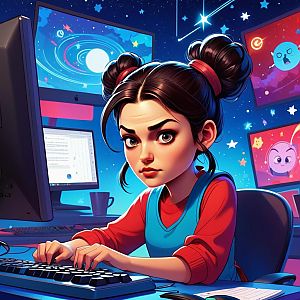 Focused young woman with dark hair working at colorful space-themed monitors