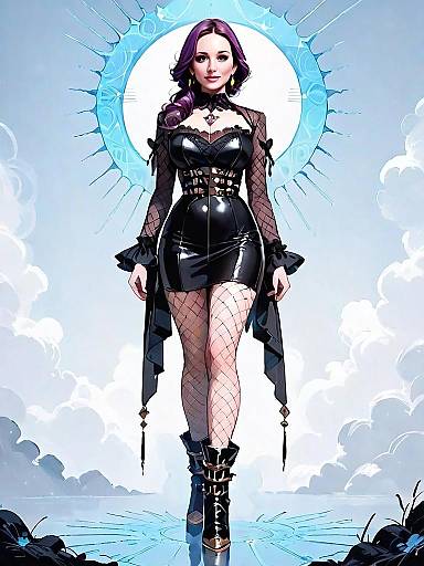 Dark Fantasy Woman in Black Leather Dress with Clock Halo Illustration