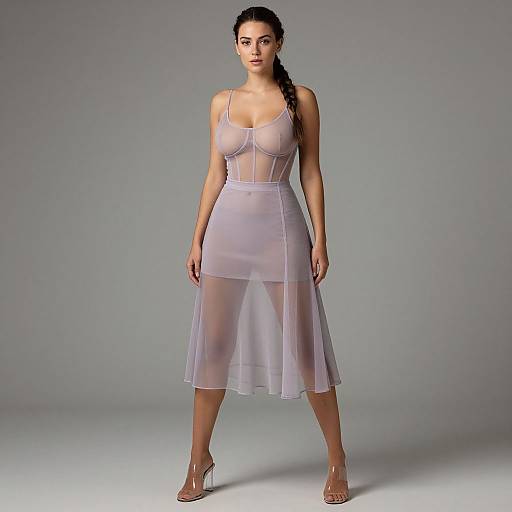 Woman Wearing Sheer Lilac Mesh Dress with Clear Heels