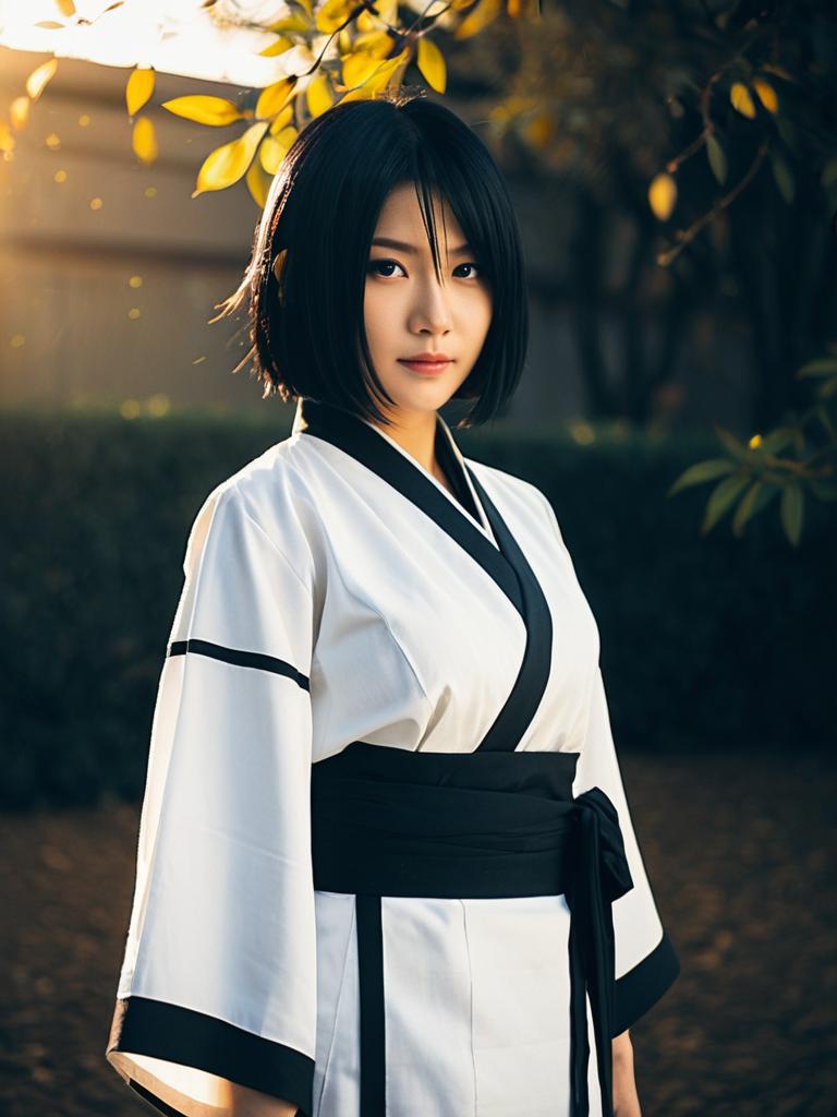 Realistic Rukia Kuchiki Cosplay Woman in Black and White Costume
