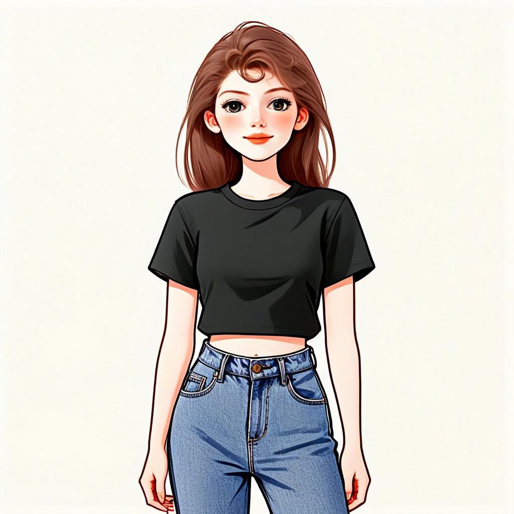 Stylish Woman with Pretty Face and Hair in Casual Streetwear Digital Illustration