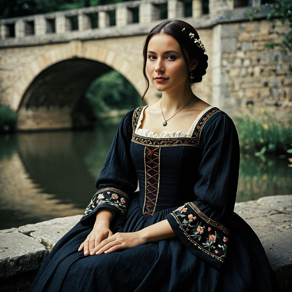 Young Woman in Elegant Renaissance Gown by Stone Bridge