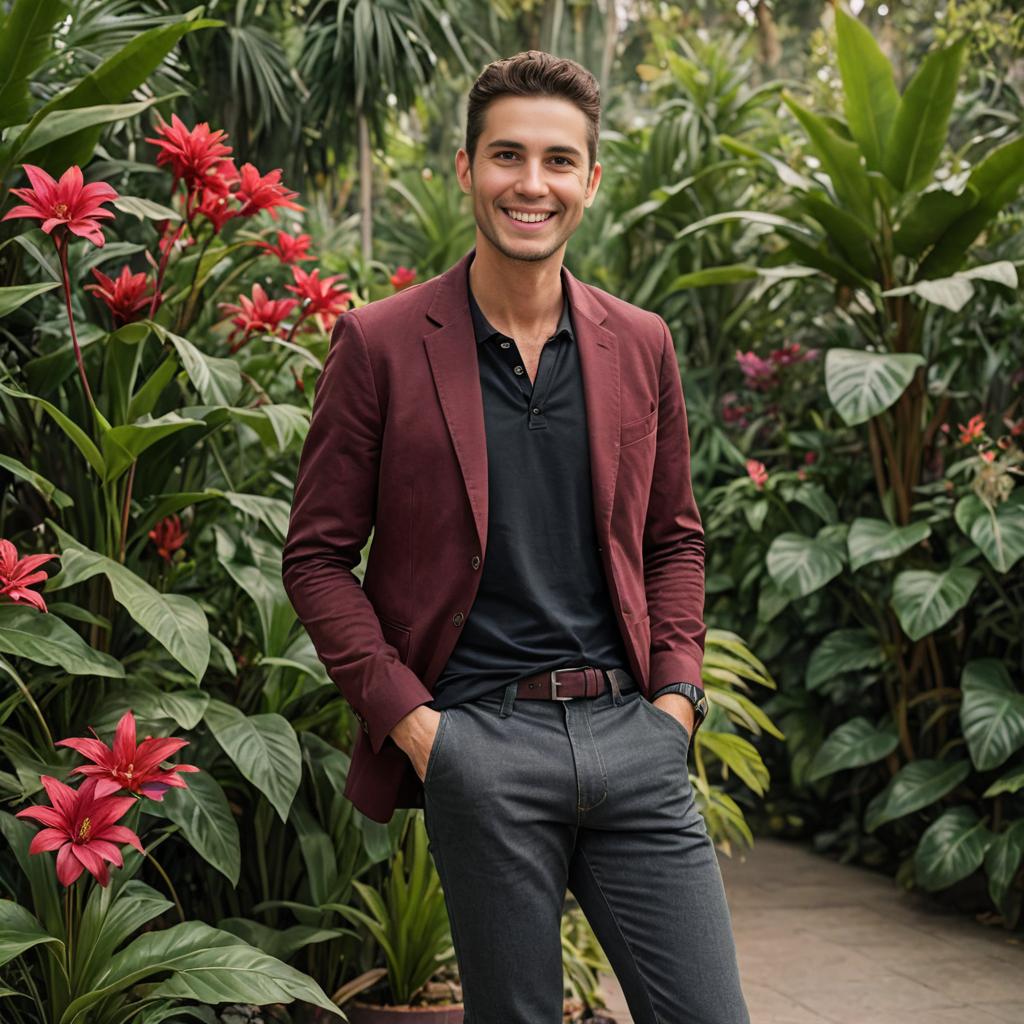 Smiling Man in Maroon Blazer Among Greenery