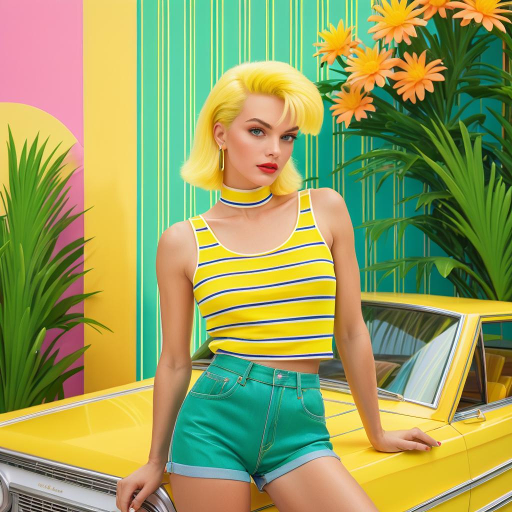 Stylish Woman with Yellow Hair by Classic Yellow Car