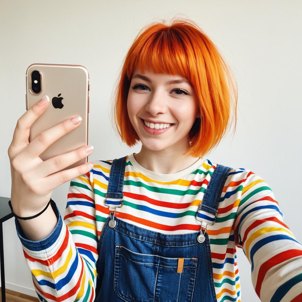 Cheerful Woman with Red Hair Taking Selfie in Striped Shirt and Denim Overalls