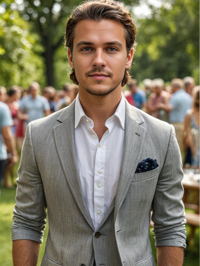 Stylish man in gray suit with blurred crowd