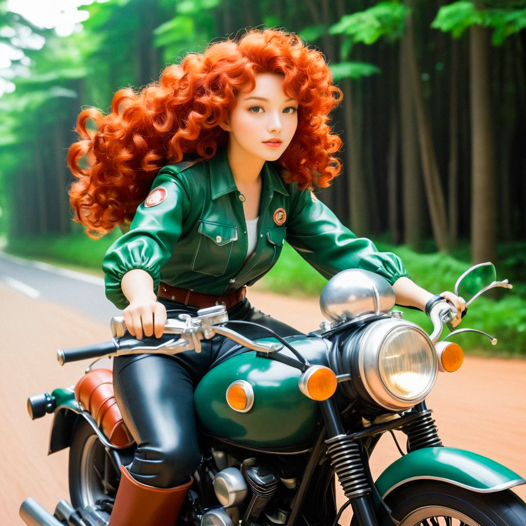 Woman on Vintage Motorcycle in Forest