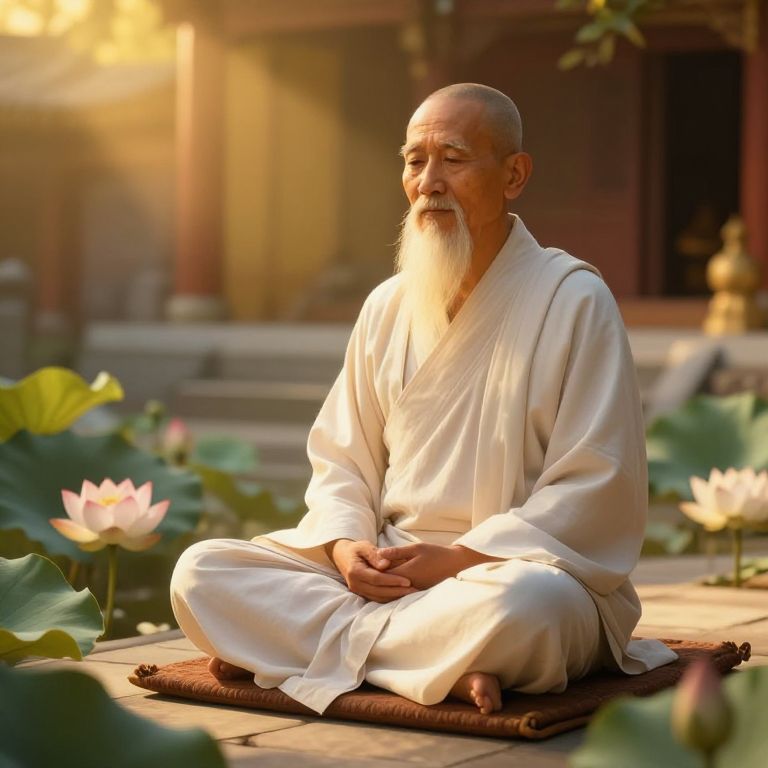 Elderly Man Meditating Outdoors with Lotus Flowers in Traditional White Robes