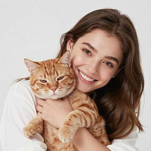 Young Woman Hugging Orange Tabby Cat in Studio Portrait