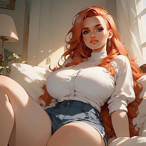 Anime Style Illustration of a Red-Haired Woman in Casual Outfit Relaxing Indoors