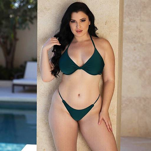 Confident Woman in Dark Green Bikini by Poolside