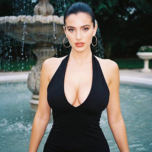 Slim Woman in Chic Black Sleeveless Dress with Plunging Neckline by Fountain