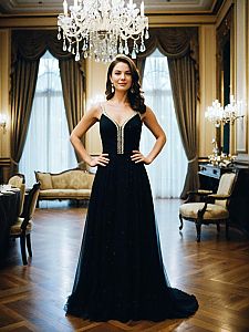 Elegant Woman in Black Evening Gown in Luxurious Classic Interior