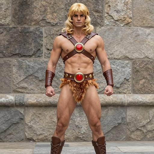 Muscular Man in Classic Barbarian Warrior Costume with Blonde Hair