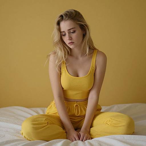 Young Woman in Yellow Loungewear Sitting on Bed with Yellow Background