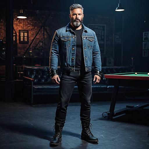 Stylish Middle-Aged Man in Denim Jacket Standing in Urban Bar with Pool Table