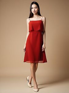 Elegant Woman in Red Sleeveless Dress Standing in Minimalist Studio