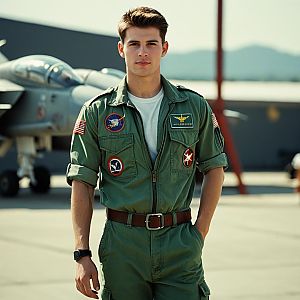 Man in Green Top Gun Style Jumpsuit with Fighter Jet