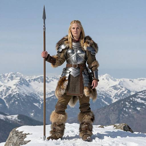 Woman Warrior in Medieval Armor with Spear on Snowy Mountain
