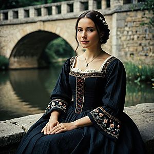 Young Woman in Elegant Renaissance Gown by Stone Bridge