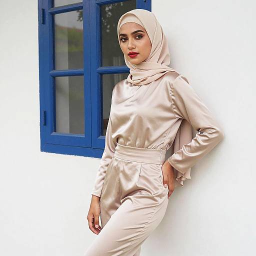 Elegant Woman in Satin Outfit and Hijab Against Blue Window