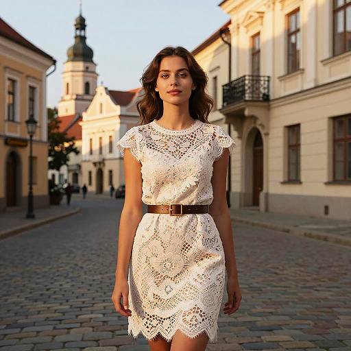 Elegant Woman in White Lace Dress Walking on Cobblestone Street