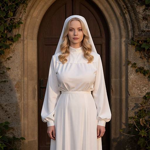 Young Woman in Traditional Nun's Habit Standing by Stone Archway