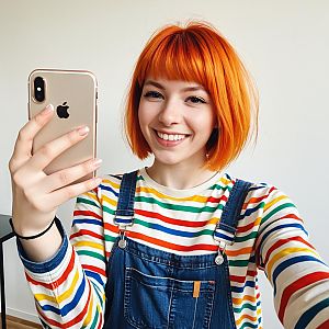 Cheerful Woman with Red Hair Taking Selfie in Striped Shirt and Denim Overalls