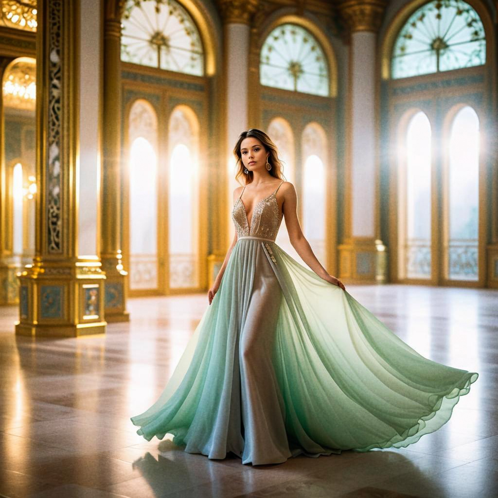 Elegant Woman in Long Gown in Architectural Space