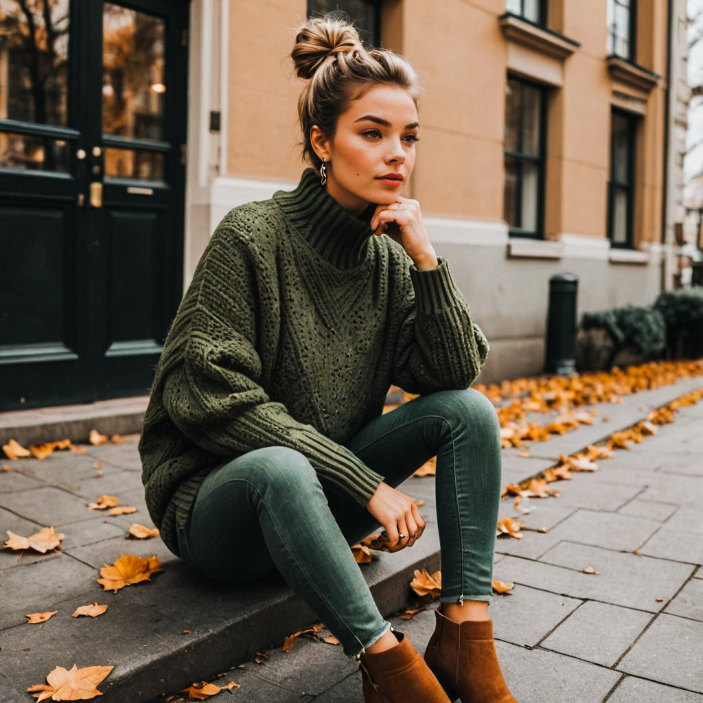 Woman in Green Sweater on Cobblestone Street with Autumn Leaves