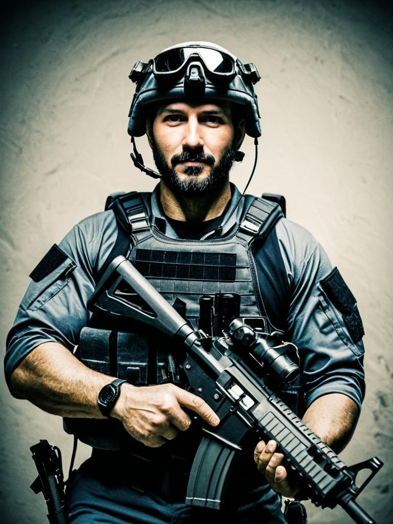 Man in Tactical Gear with Assault Rifle