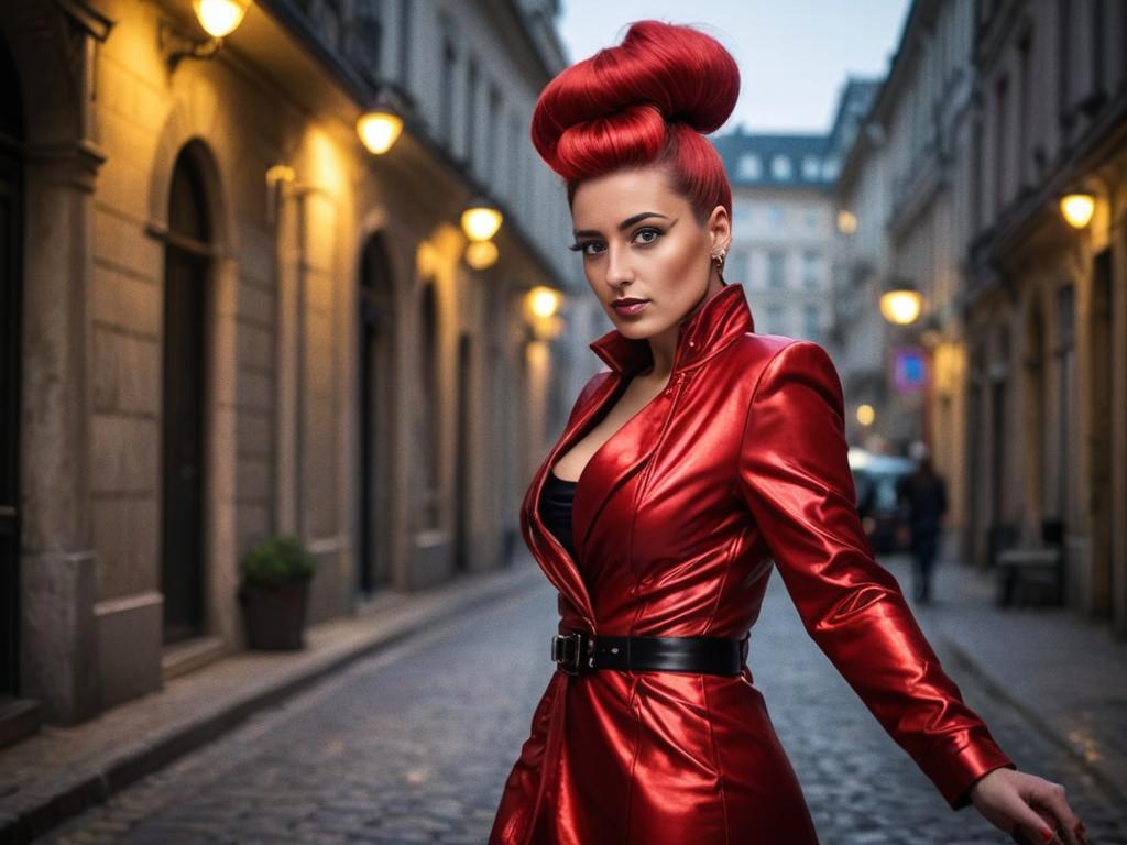 Woman in Red Leather Coat on Cobblestone Street