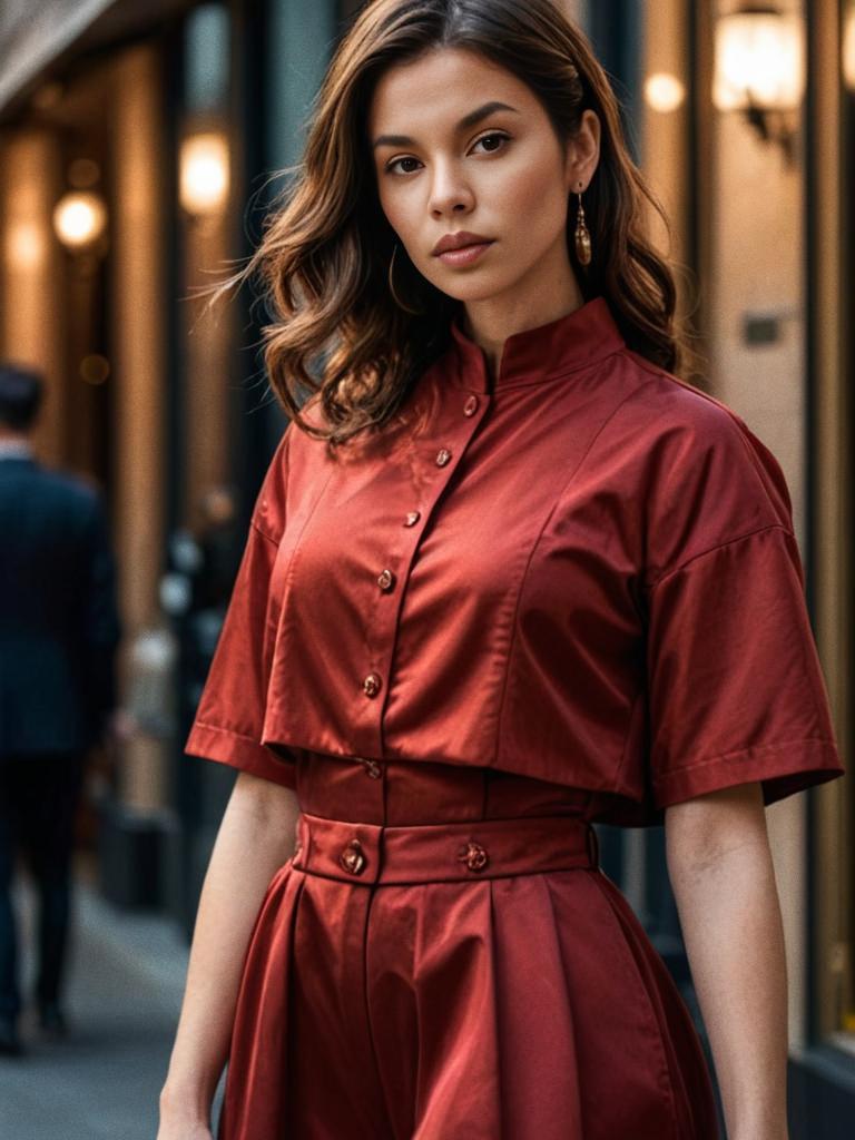 Confident Woman in Red Satin Outfit in Urban Setting