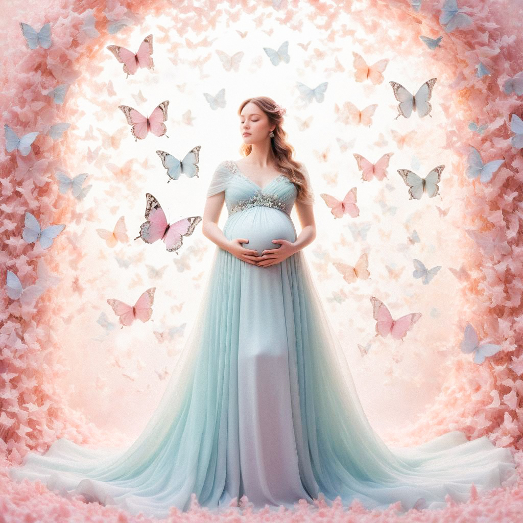 Pregnant Woman in Ethereal Gown with Butterflies Pregnant Woman in Ethereal Gown with Butterflies