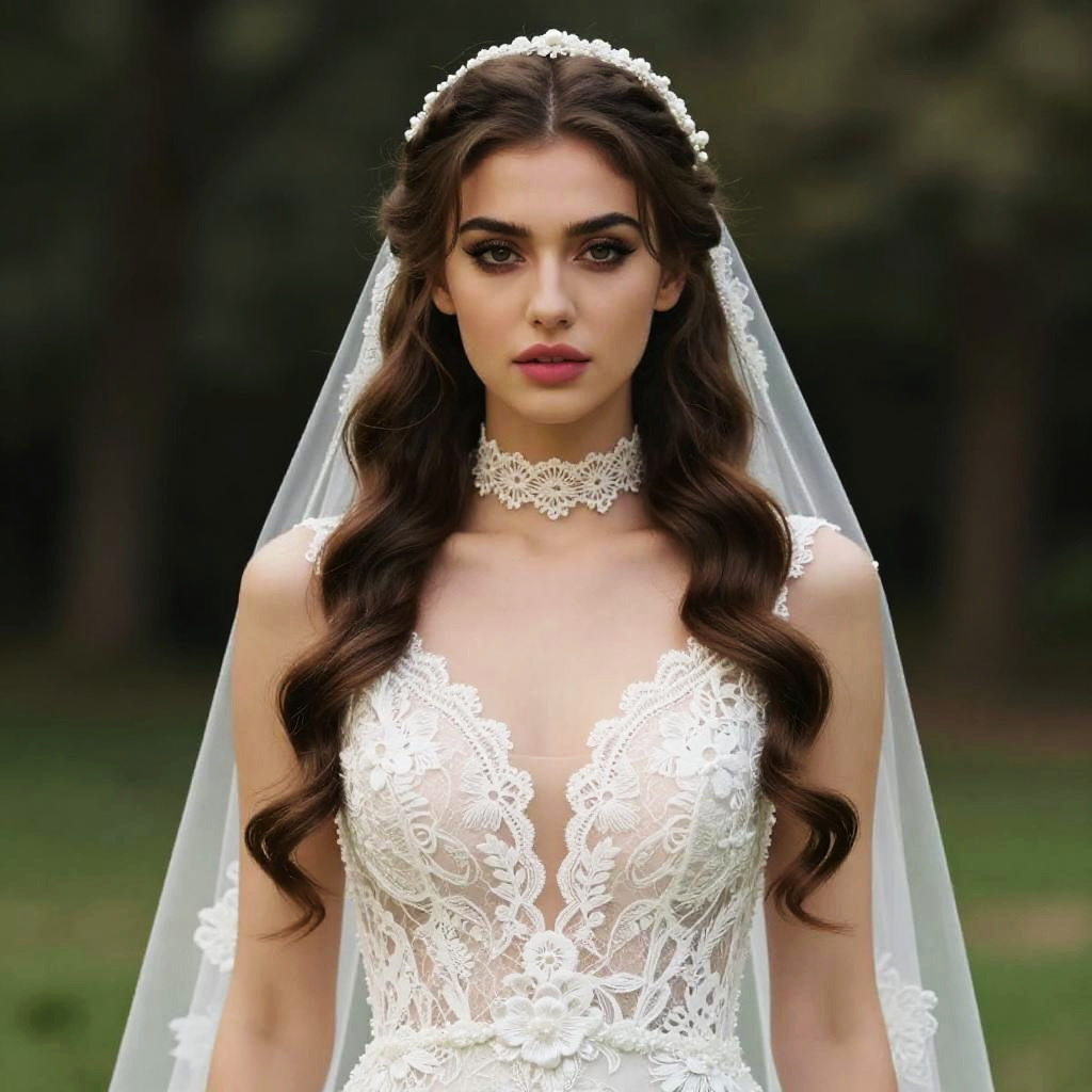 Elegant Woman in White Lace Wedding Dress with Floral Details