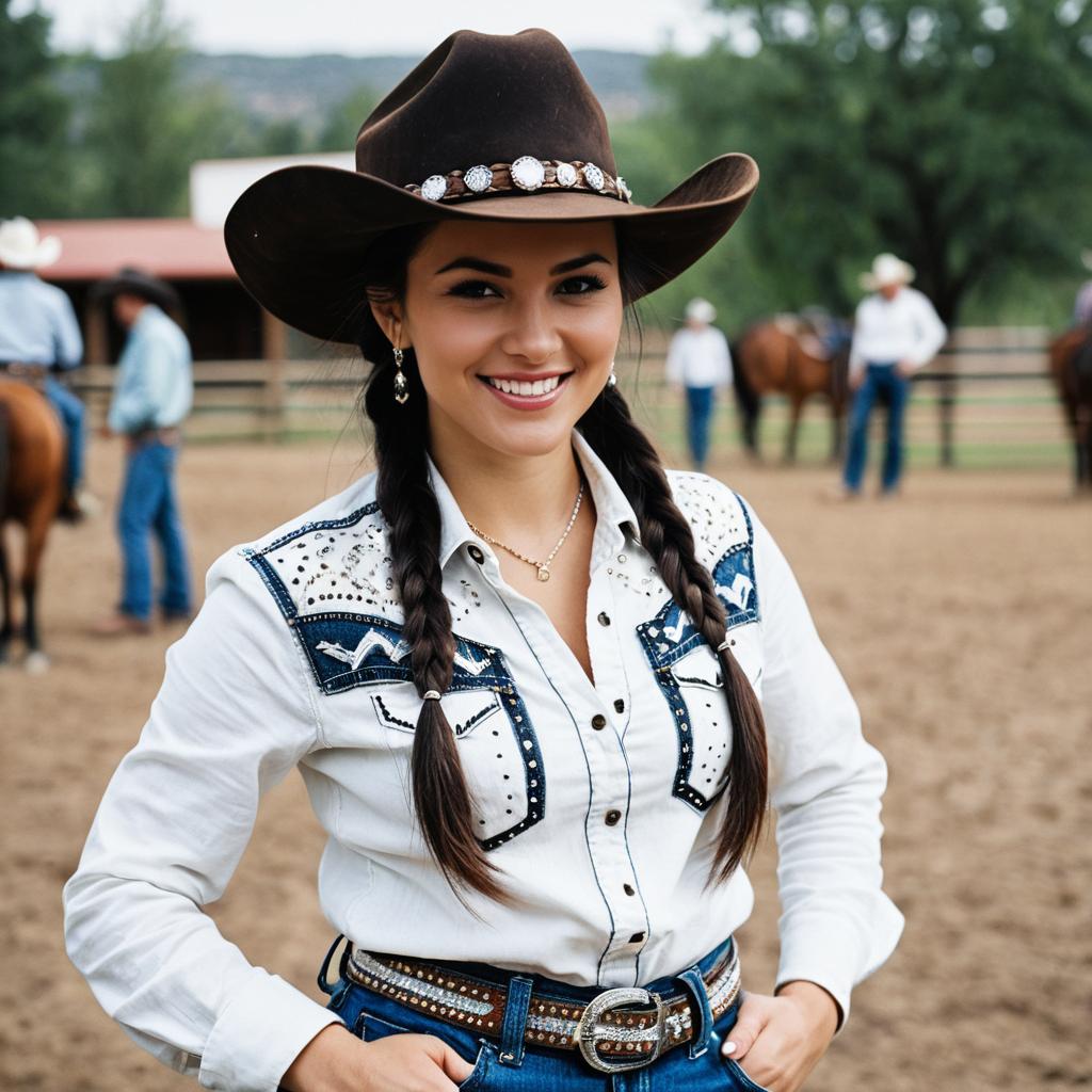 Smiling Cowgirl in Rhinestone Shirt at Ranch Smiling Cowgirl in Rhinestone Shirt at Ranch