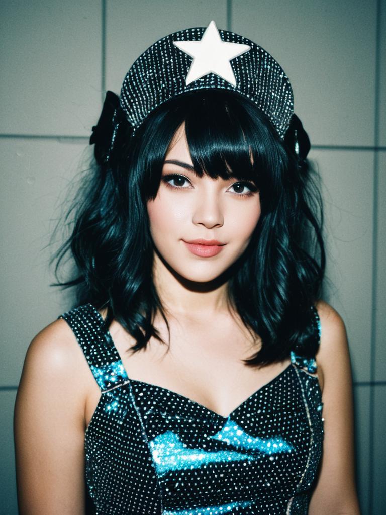 Photorealistic Portrait of Woman in Playful Pop Star Cosplay Costume