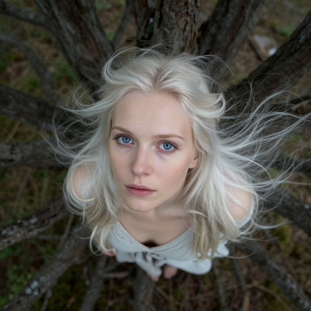 Overhead Portrait of Blonde Woman with Blue Eyes Standing on Tree Roots