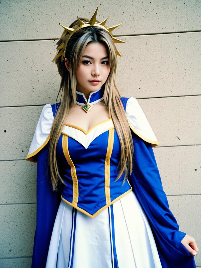 Woman in Realistic Belldandy Cosplay Costume with Gold Accents