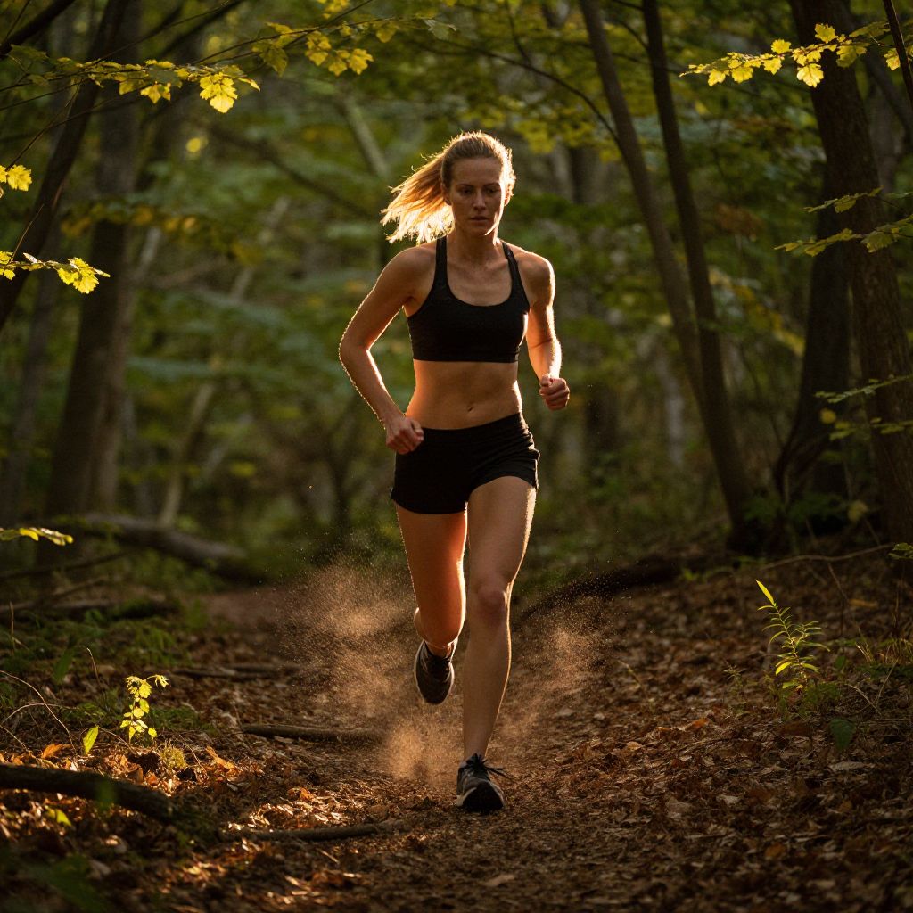 Woman Running on Forest Trail in Autumn Sunlight