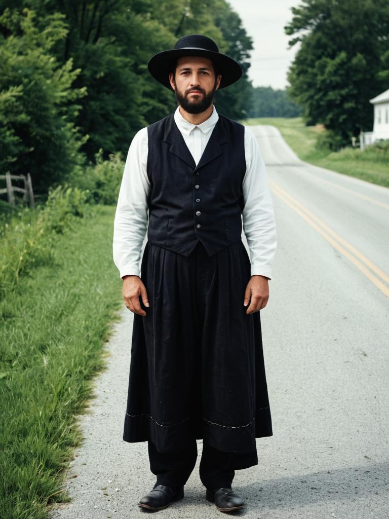 Man in Authentic Amish Costume Full Body Traditional Cosplay Photo