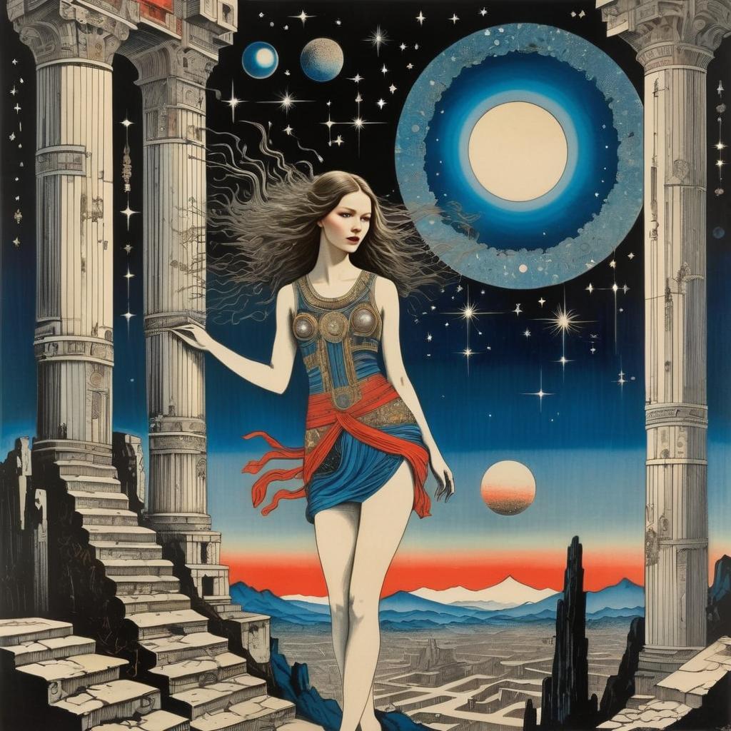Surreal Woman Among Ancient Ruins Under Starry Sky Surreal Woman Among Ancient Ruins Under Starry Sky