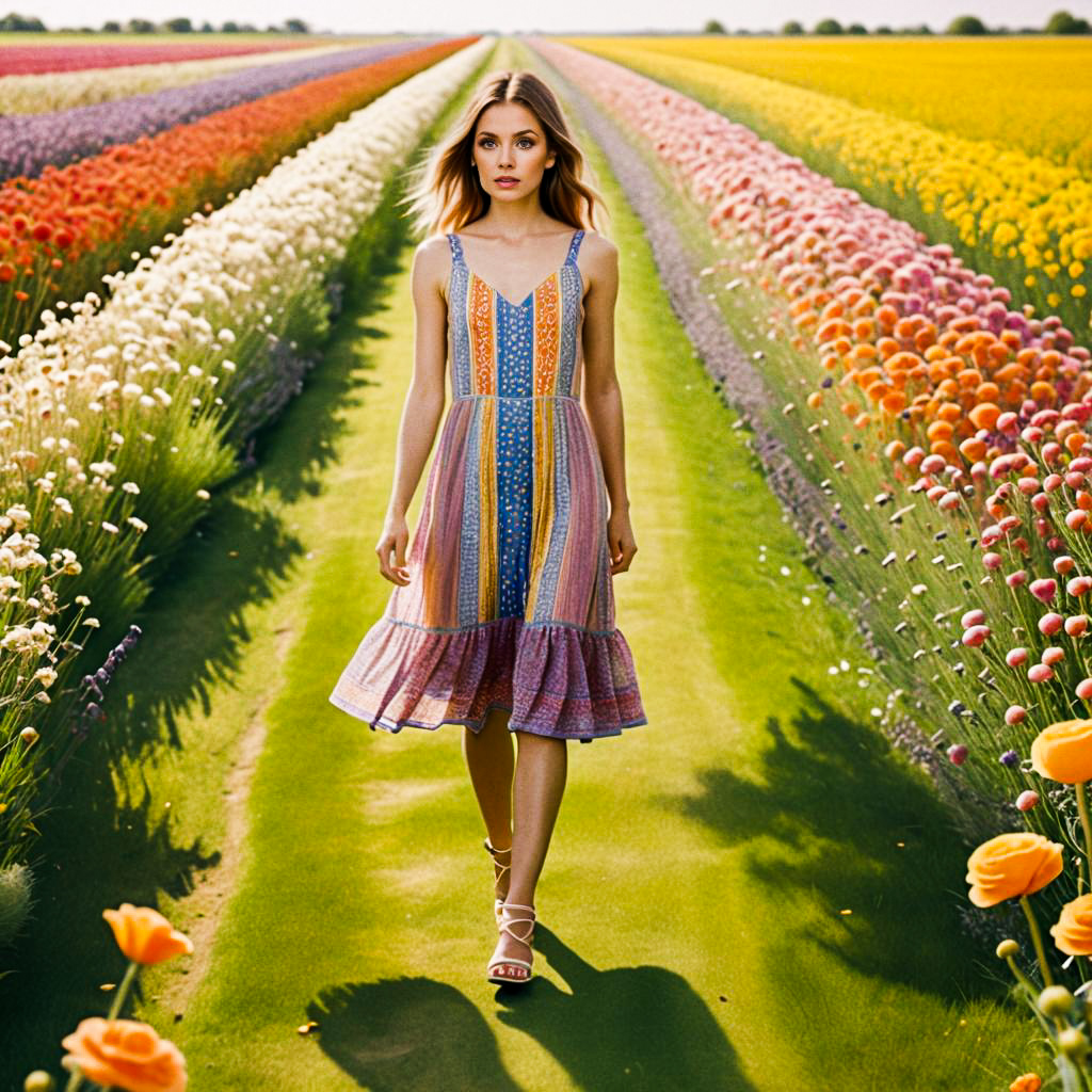 Woman in Stylish Dress Amid Vibrant Flowers