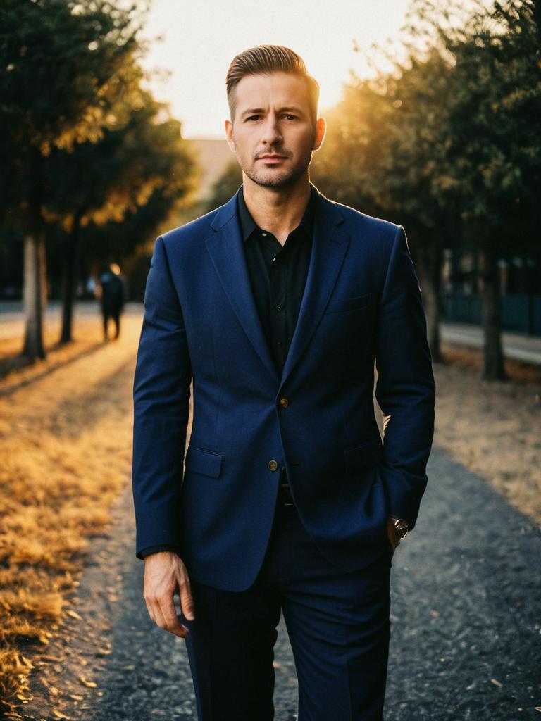 Man in Navy Blue Suit with Black Shirt Outdoor Portrait