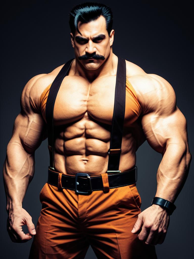 Realistic Mike Haggar Cosplay by Muscular Man in Orange Pants and Suspenders