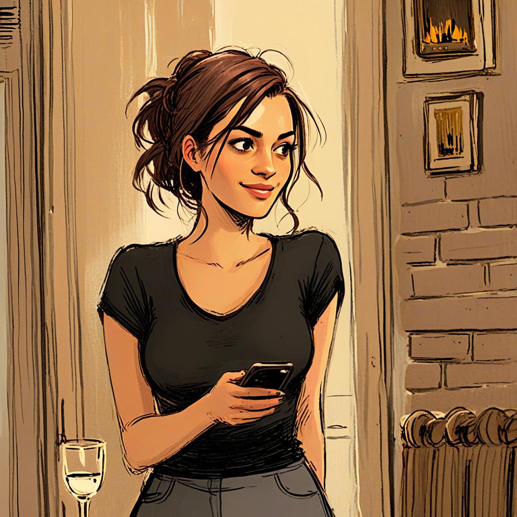 Stylish Young Woman Holding Smartphone Digital Illustration Indoors